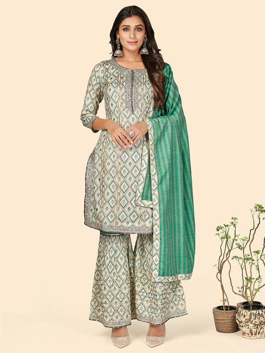 NOZ2TOZ Women's Muslin Turquoise Kurta Sharara With Dupatta- (3pcs set) 