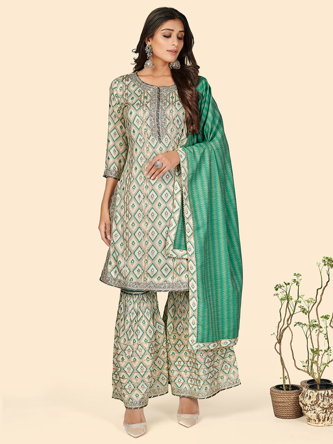 NOZ2TOZ Women's Muslin Turquoise Kurta Sharara With Dupatta- (3pcs set) 