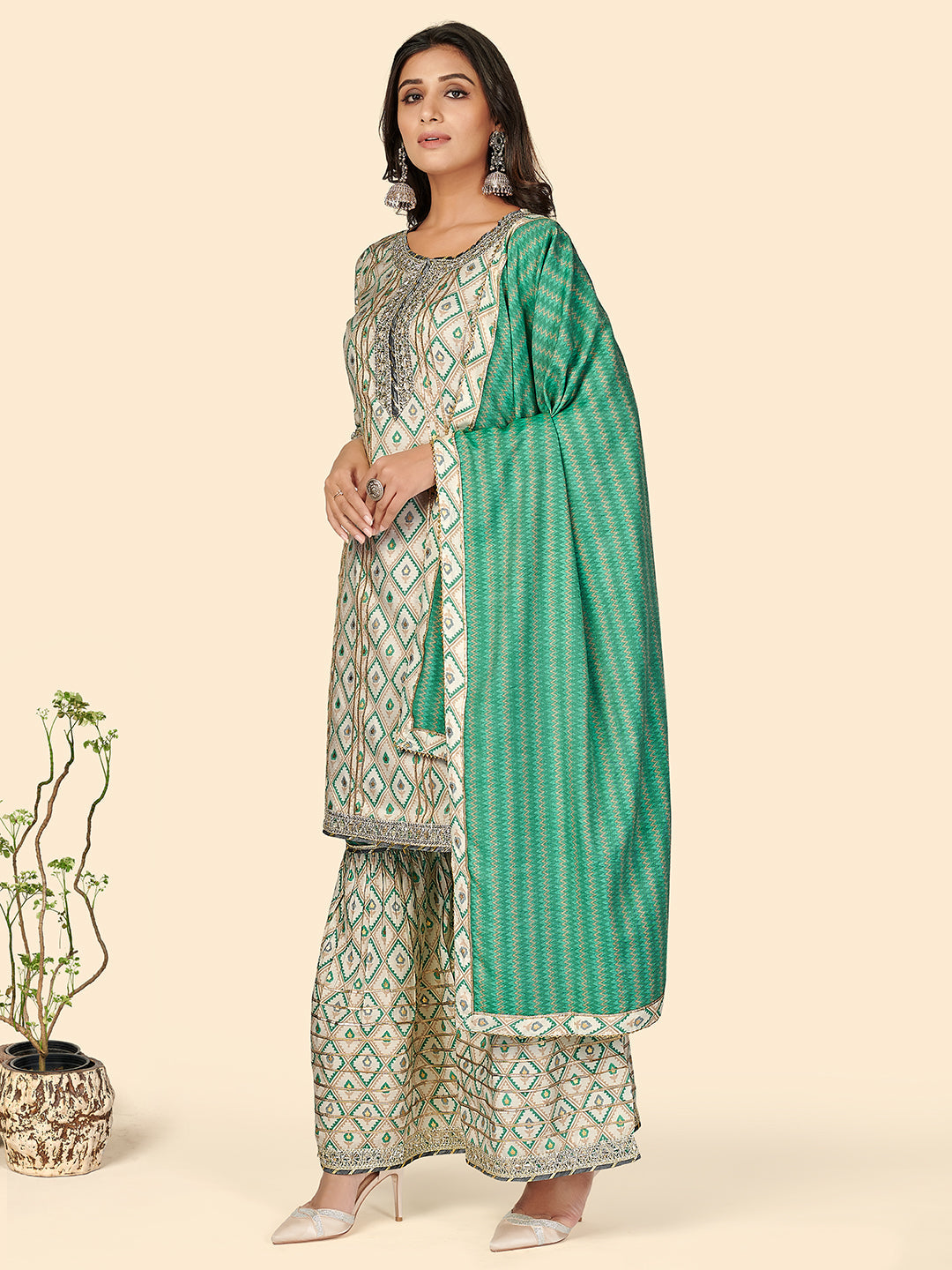 NOZ2TOZ Women's Muslin Turquoise Kurta Sharara With Dupatta- (3pcs set) 