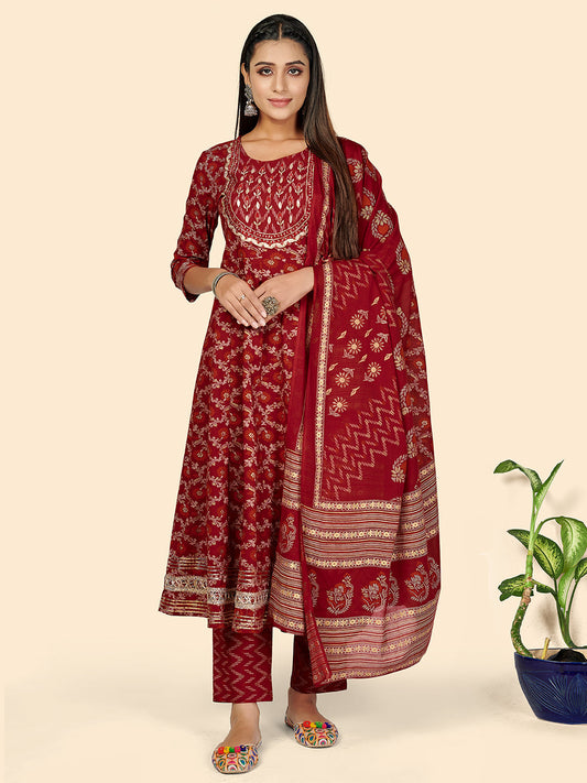 NOZ2TOZ Women's Red Anarkali Kurta & Pant With Dupatta- (3pcs set)