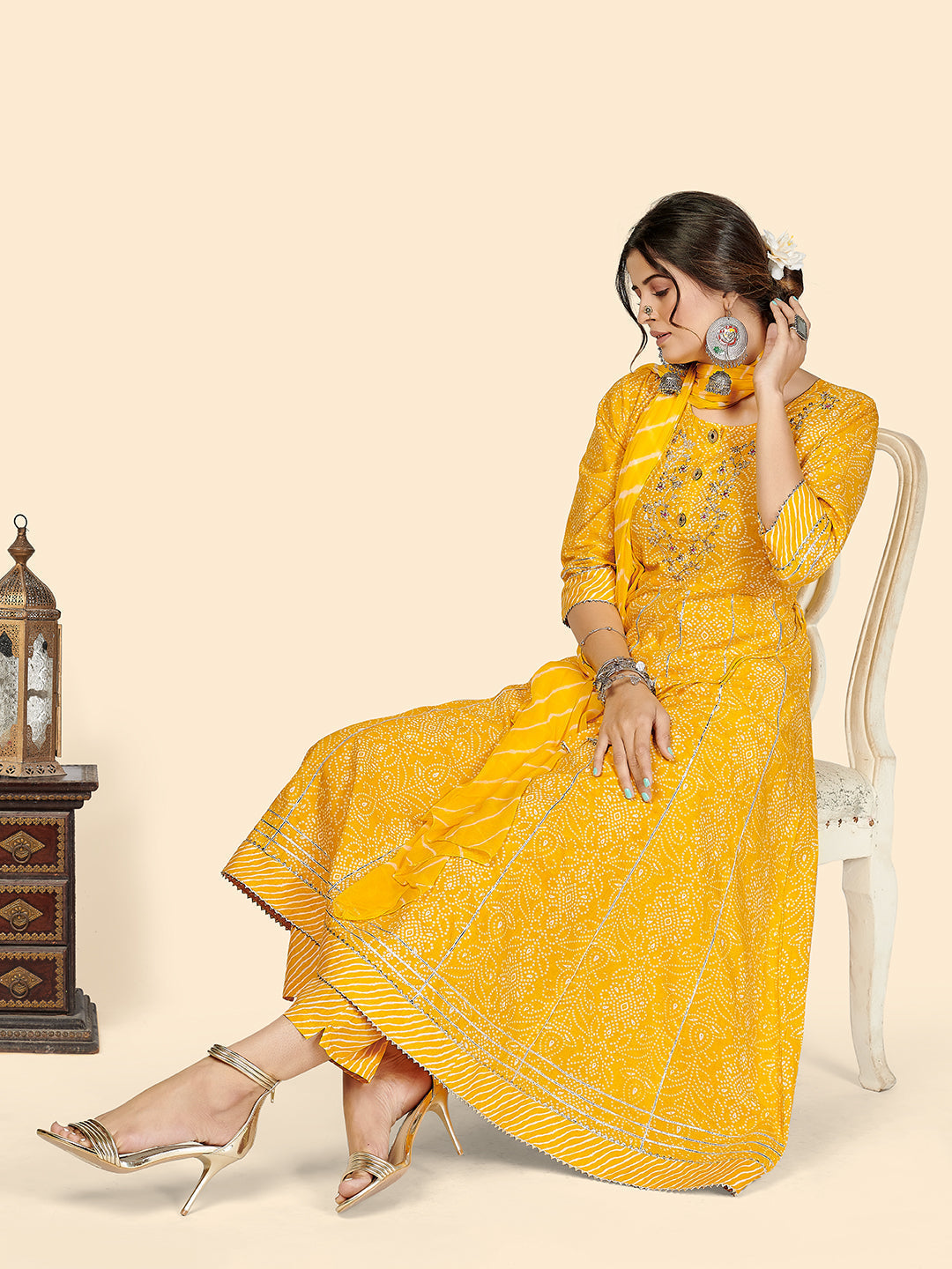 NOZ2TOZ Women's Bandhani & Embroidered Anarkali Cotton Yellow Stitched Kurta Pant With Dupatta 