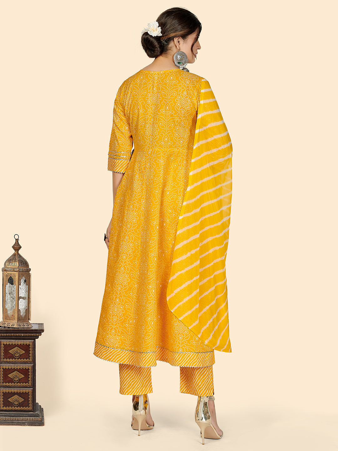 NOZ2TOZ Women's Bandhani & Embroidered Anarkali Cotton Yellow Stitched Kurta Pant With Dupatta 