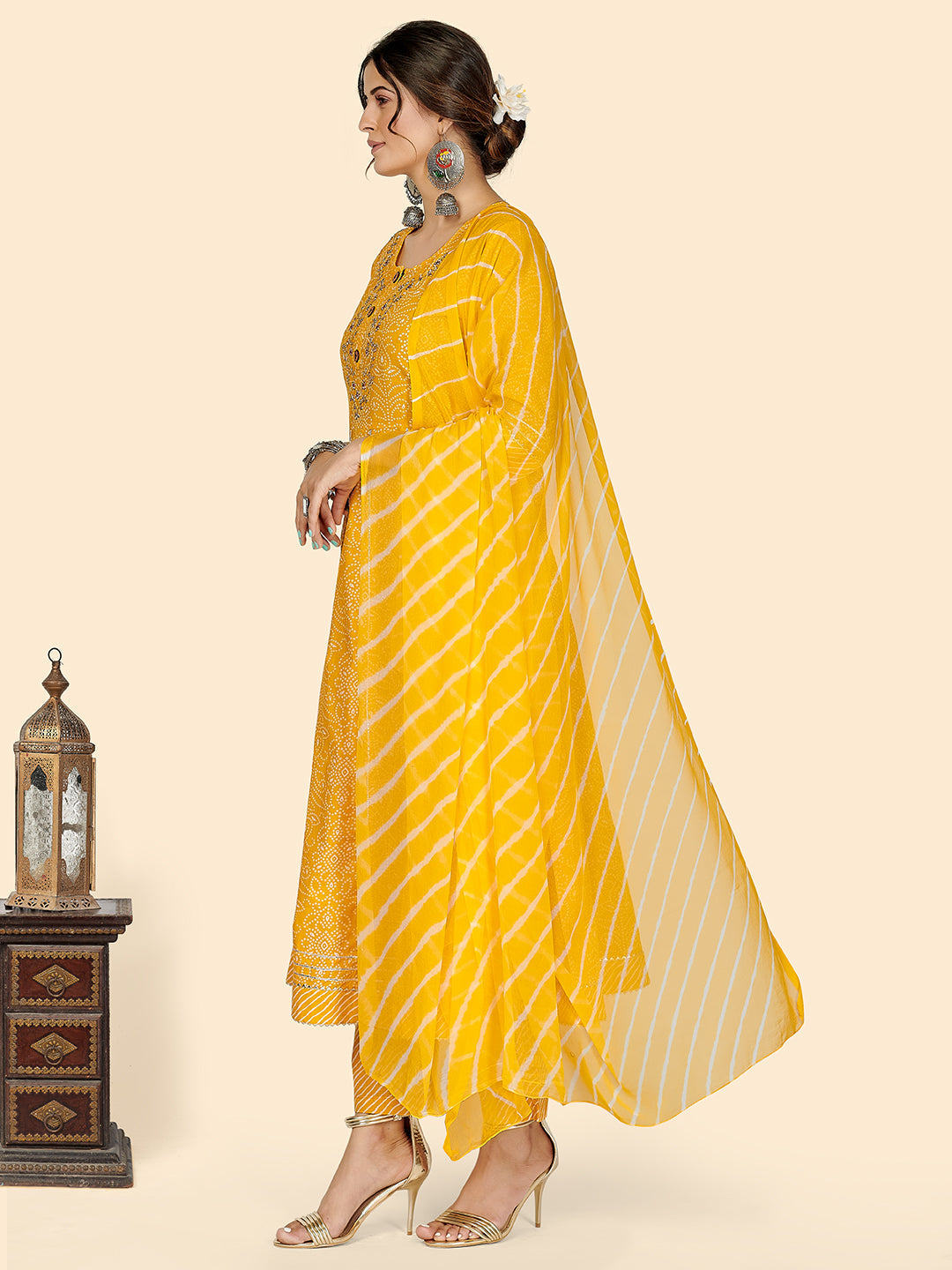 NOZ2TOZ Women's Bandhani & Embroidered Anarkali Cotton Yellow Stitched Kurta Pant With Dupatta 