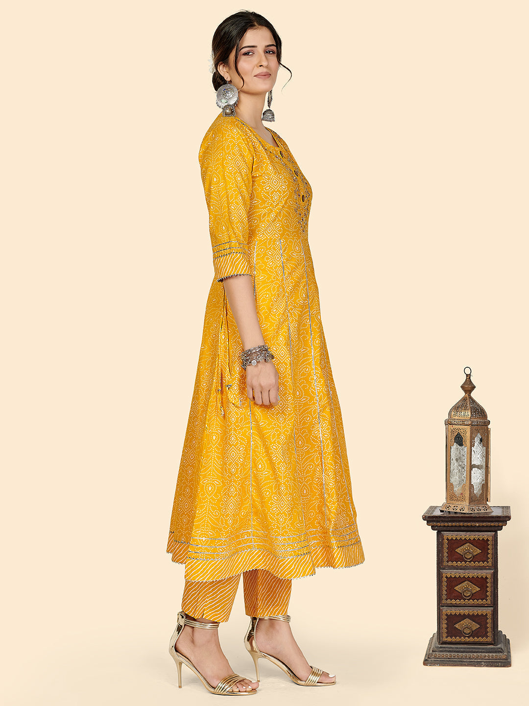NOZ2TOZ Women's Bandhani & Embroidered Anarkali Cotton Yellow Stitched Kurta Pant With Dupatta 