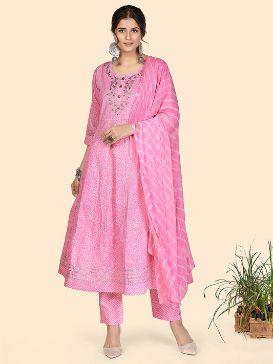 NOZ2TOZ Women's Bandhani & Embroidered Anarkali Cotton Baby Pink Stitched Kurta Pant With Dupatta