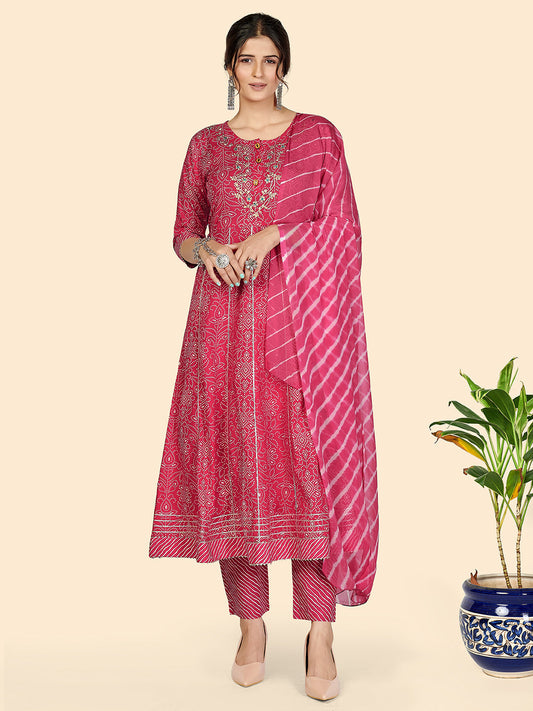 NOZ2TOZ Women's Bandhani & Embroidered Anarkali Cotton Dark Pink Stitched Kurta Pant With Dupatta