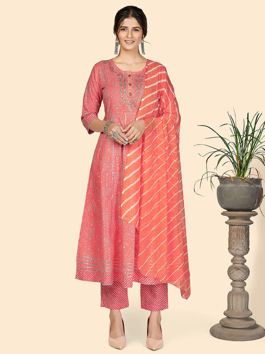 NOZ2TOZ Women Pink Printed Anarkali Kurta With Palazzo & Dupatta (3 pc set) 