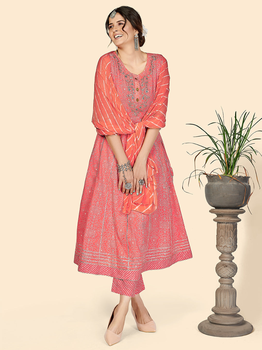 NOZ2TOZ Women Pink Printed Anarkali Kurta With Palazzo & Dupatta (3 pc set) 