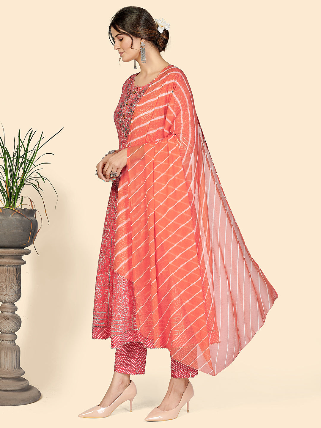 NOZ2TOZ Women Pink Printed Anarkali Kurta With Palazzo & Dupatta (3 pc set) 