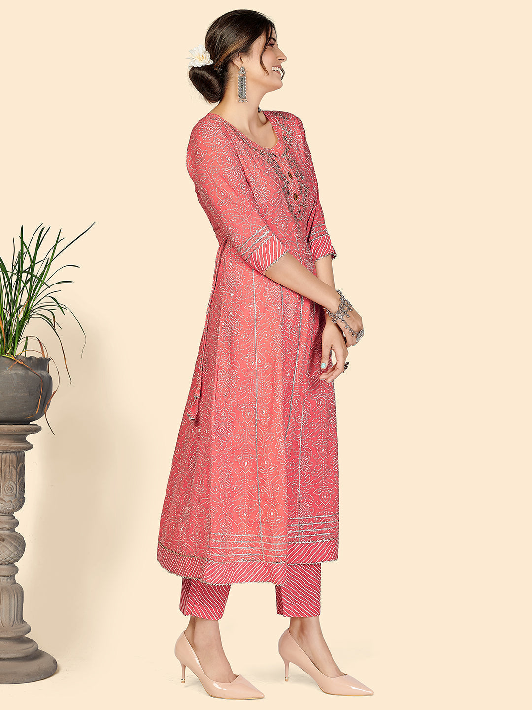 NOZ2TOZ Women Pink Printed Anarkali Kurta With Palazzo & Dupatta (3 pc set) 