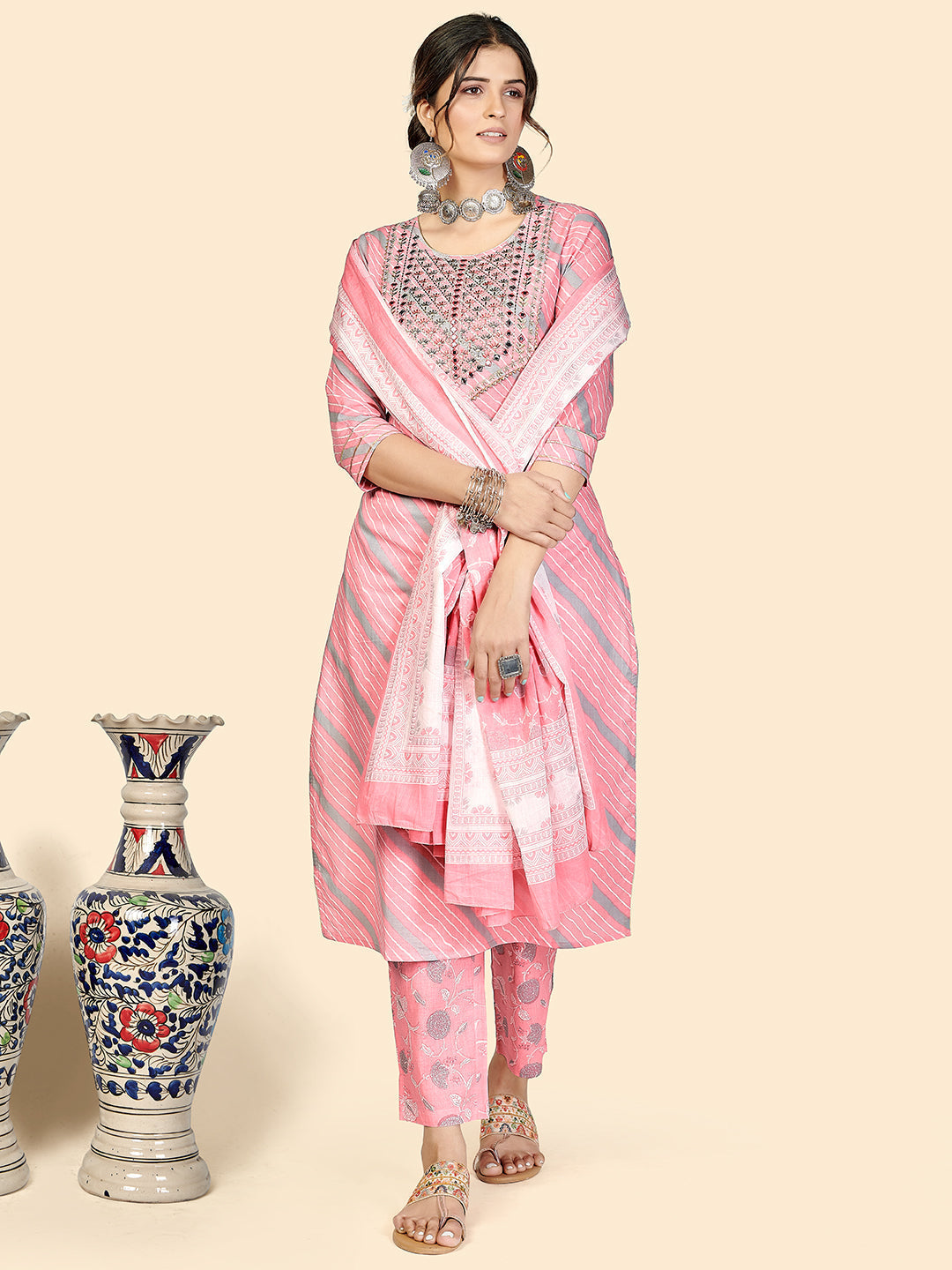 NOZ2TOZ Women Pink Cotton Kurta with Pant & Dupatta (3pcs Set) 