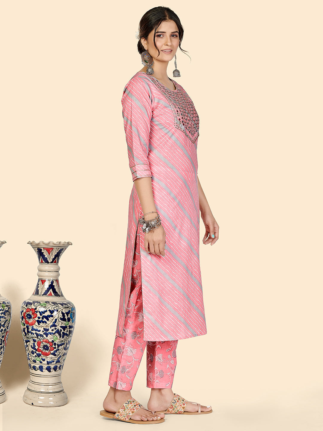 NOZ2TOZ Women Pink Cotton Kurta with Pant & Dupatta (3pcs Set) 