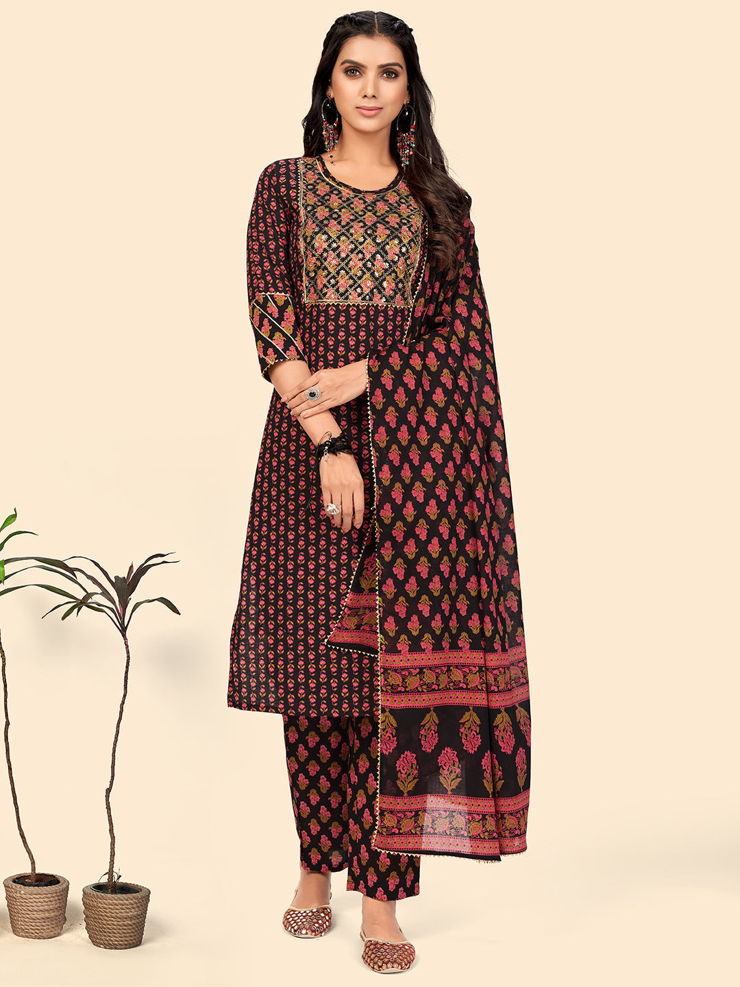 NOZ2TOZ Women's Print & Sequience Straight Cotton Black Stitched Kurta Pant With Dupatta 