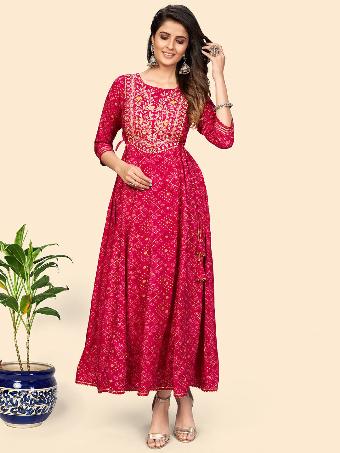 NOZ2TOZ Women's Printed & Embroidered Anarkali Rayon Pink Stitched Kurta 