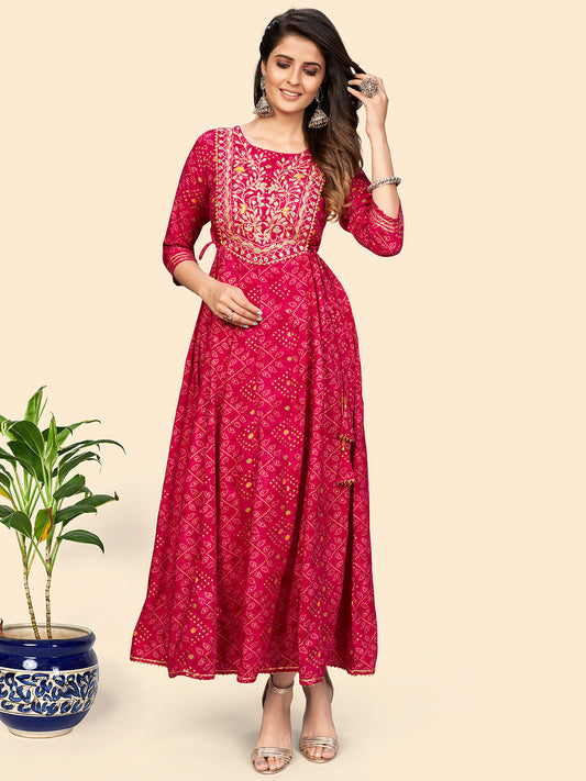 NOZ2TOZ Women's Printed & Embroidered Anarkali Rayon Pink Stitched Kurta 