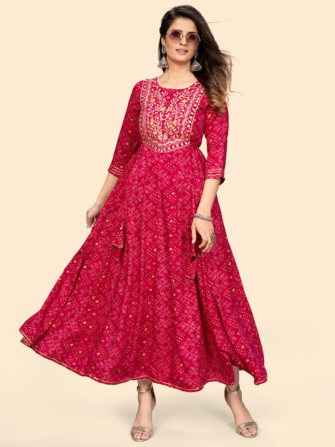 NOZ2TOZ Women's Printed & Embroidered Anarkali Rayon Pink Stitched Kurta 