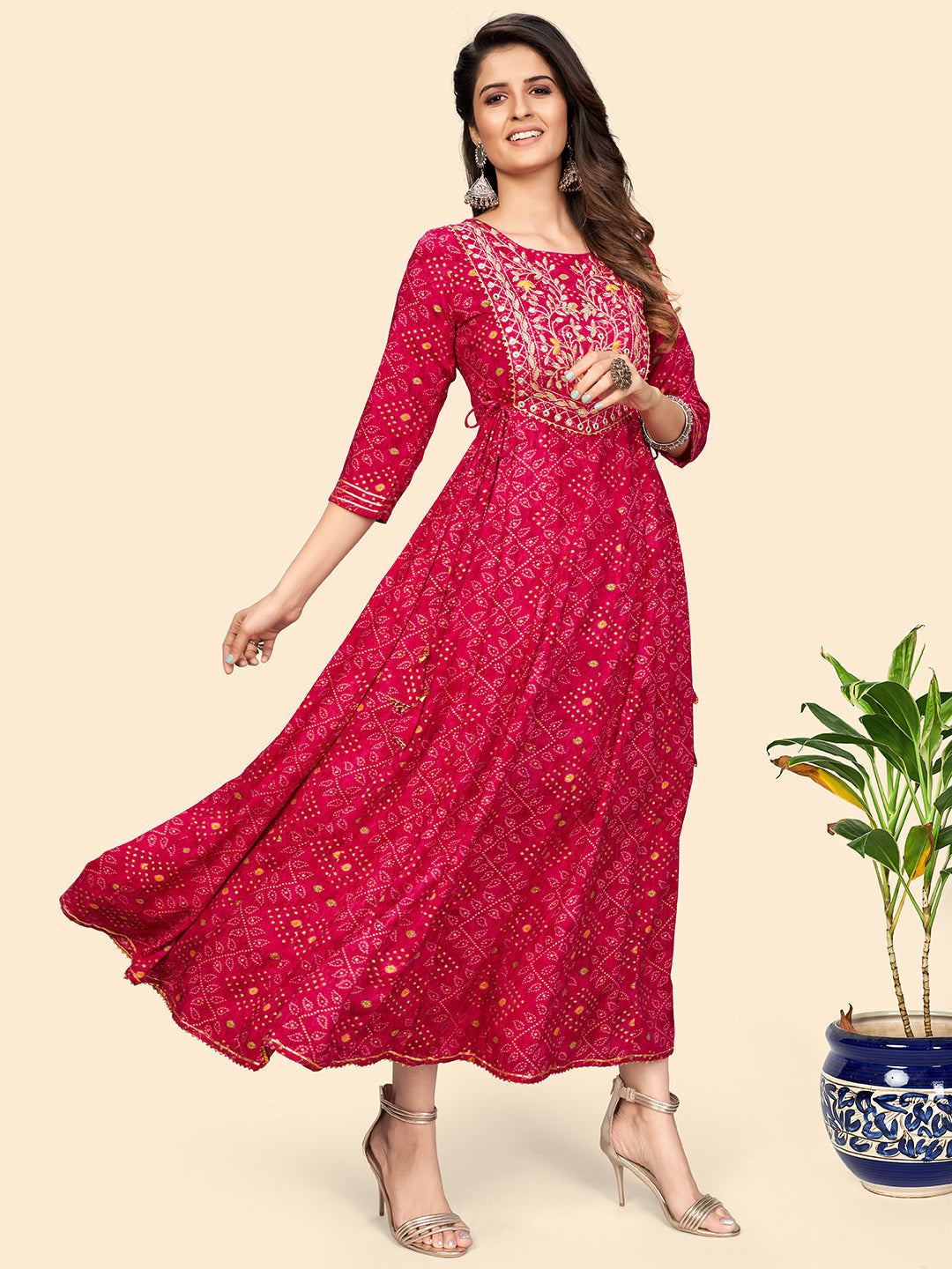 NOZ2TOZ Women's Printed & Embroidered Anarkali Rayon Pink Stitched Kurta 