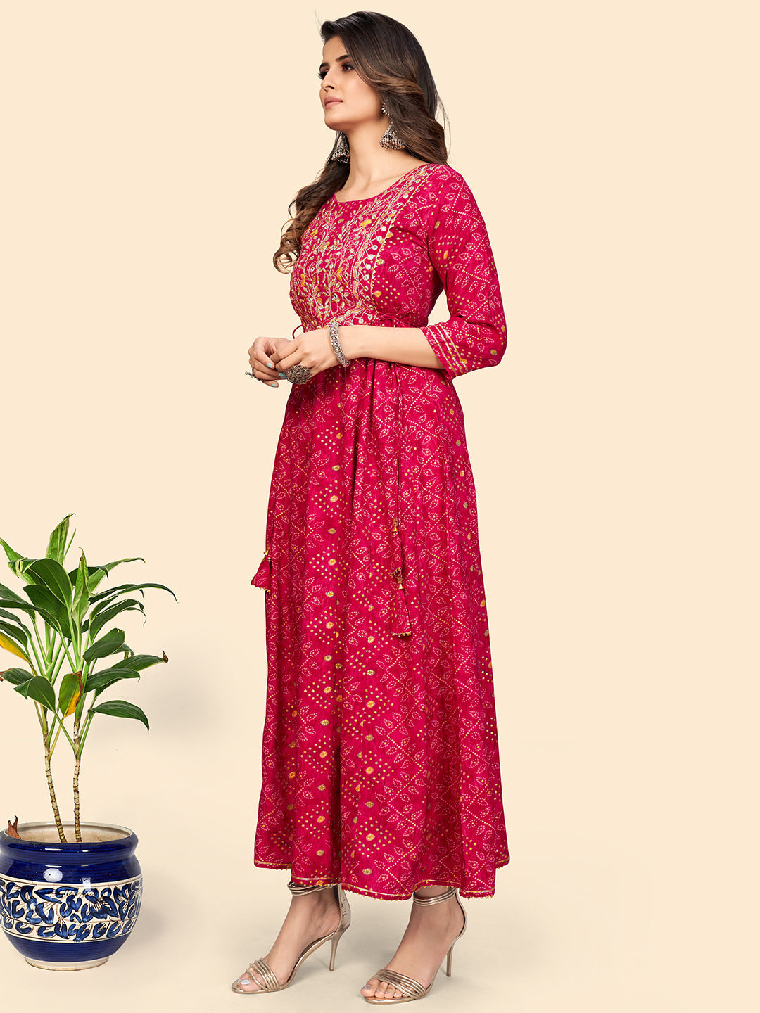 NOZ2TOZ Women's Printed & Embroidered Anarkali Rayon Pink Stitched Kurta 