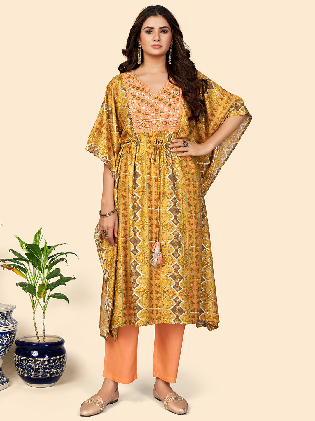 NOZ2TOZ Women Yellow Rayon Kaftan Kurta With Pant (2pcs Set) 