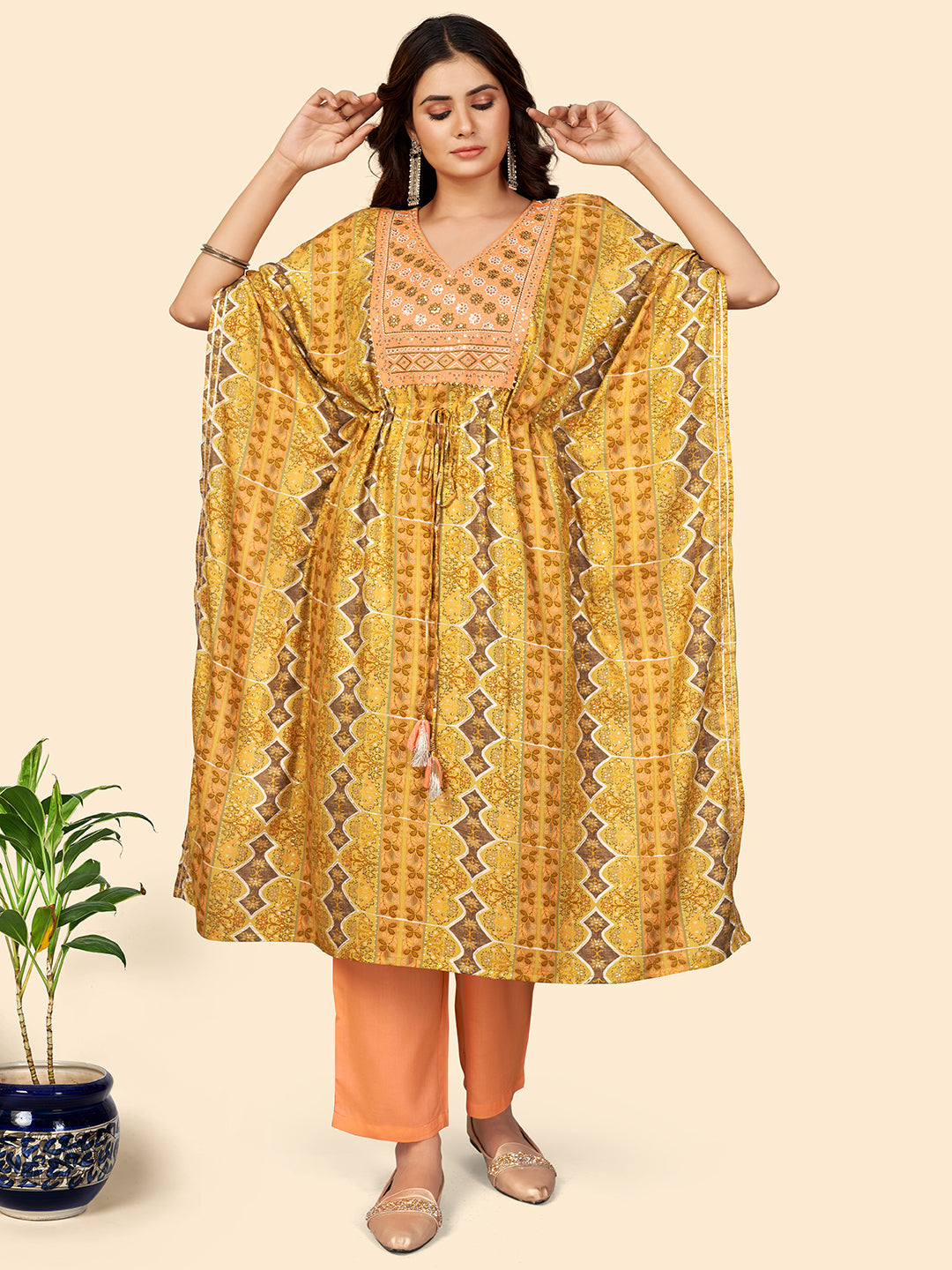 NOZ2TOZ Women Yellow Rayon Kaftan Kurta With Pant (2pcs Set) 