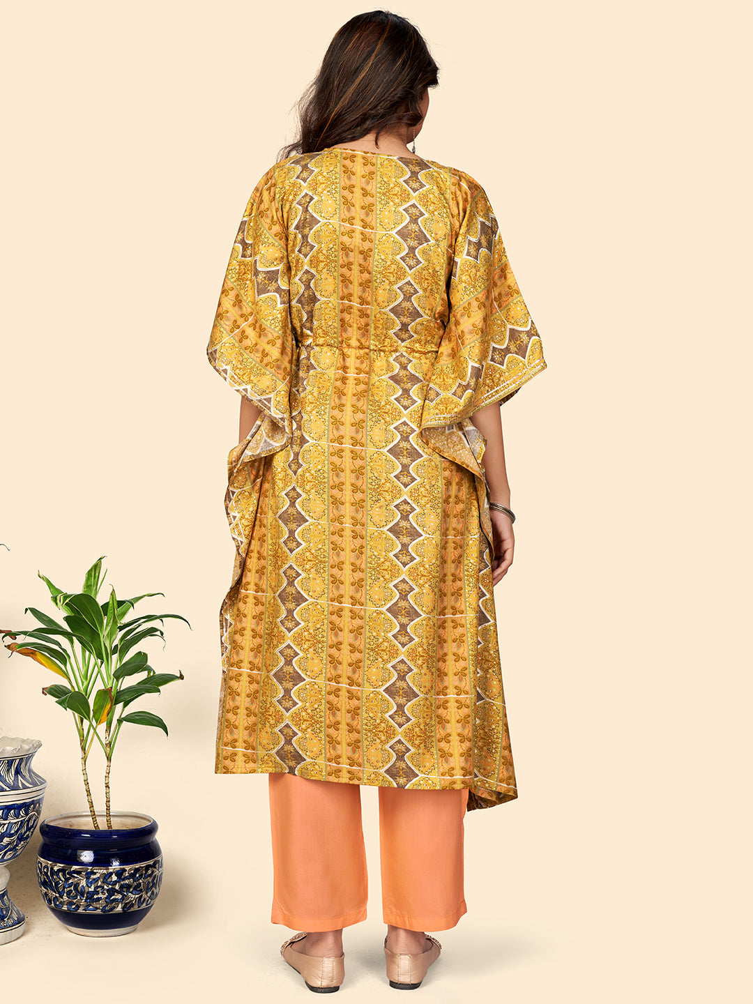 NOZ2TOZ Women Yellow Rayon Kaftan Kurta With Pant (2pcs Set) 