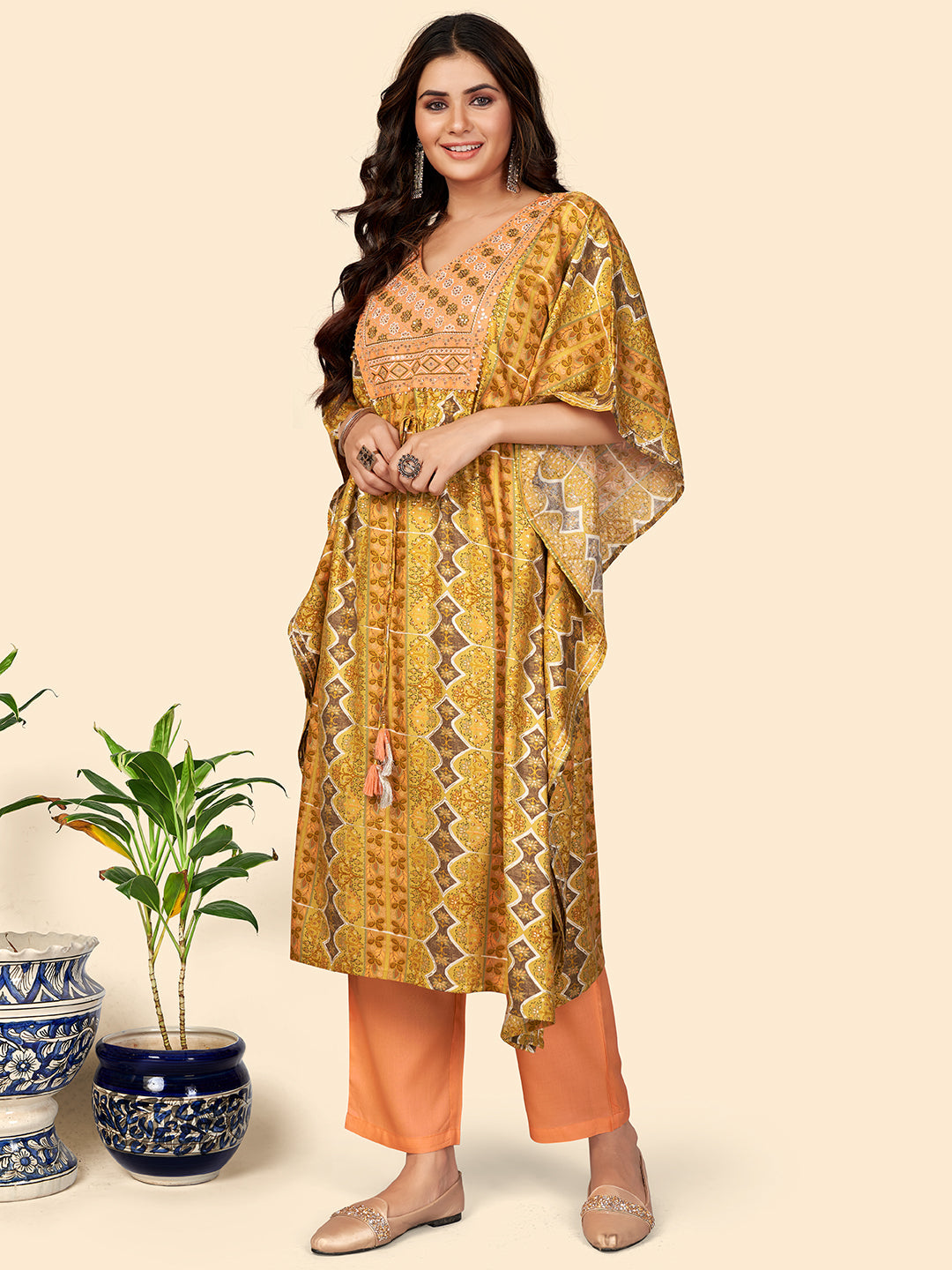 NOZ2TOZ Women Yellow Rayon Kaftan Kurta With Pant (2pcs Set) 