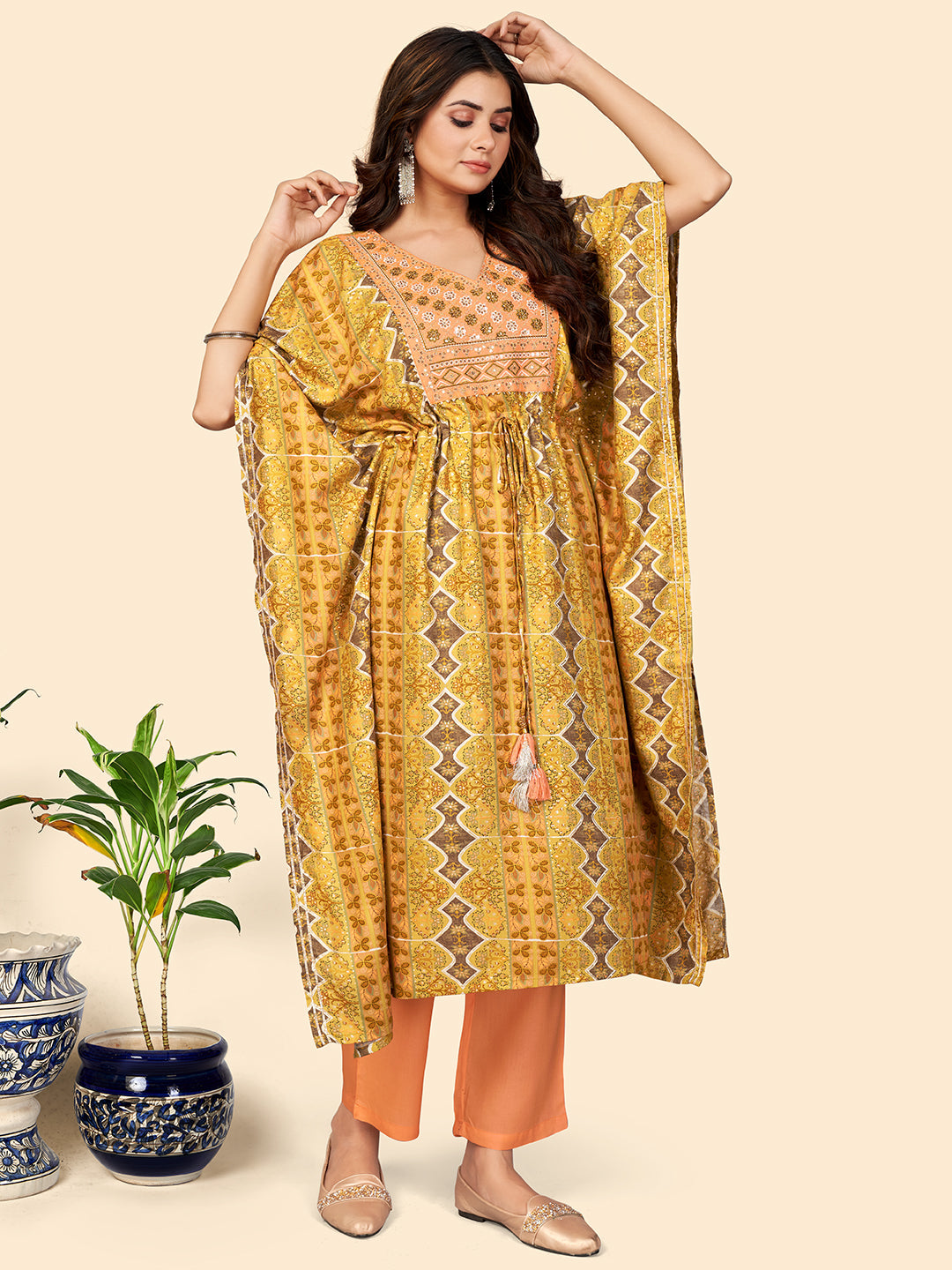 NOZ2TOZ Women Yellow Rayon Kaftan Kurta With Pant (2pcs Set) 