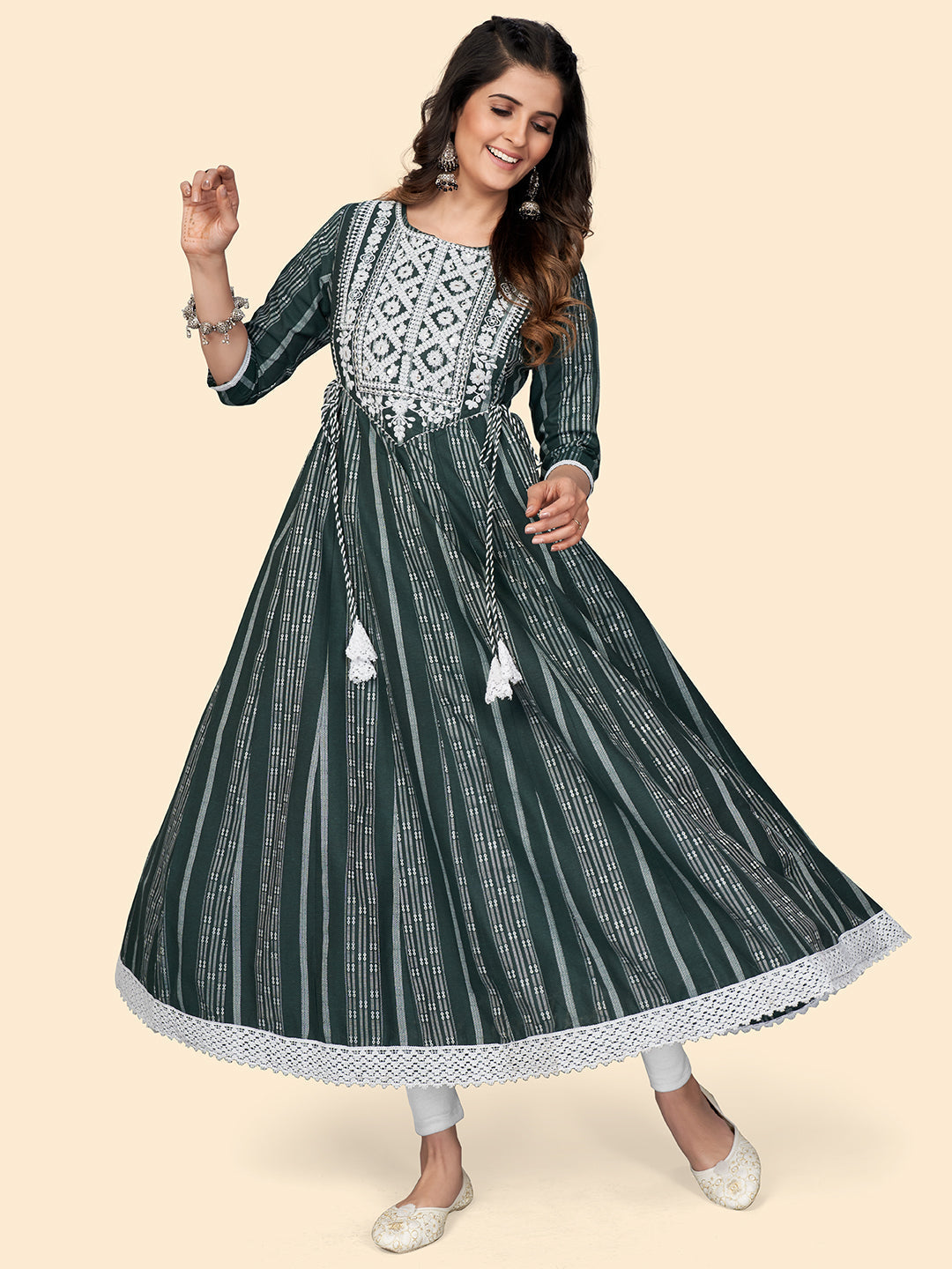 NOZ2TOZ Women's Print & Embroidered Anarkali Cotton Green Stitched Kurta 