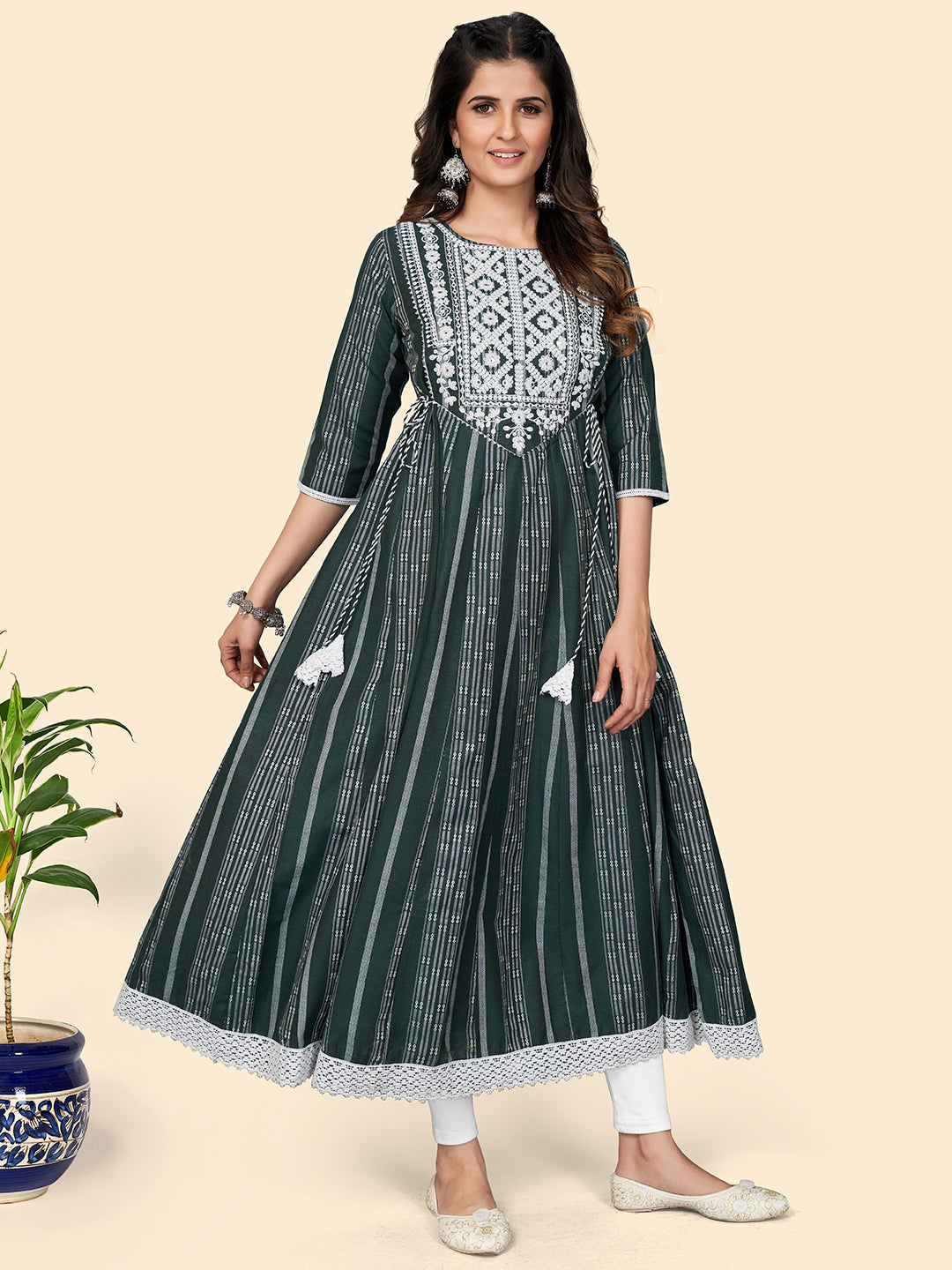 NOZ2TOZ Women's Print & Embroidered Anarkali Cotton Green Stitched Kurta 