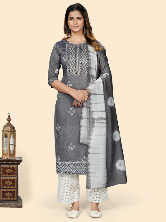NOZ2TOZ Women Grey Chanderi Kurta With Dupatta (2pcs Set) - Grab2buy