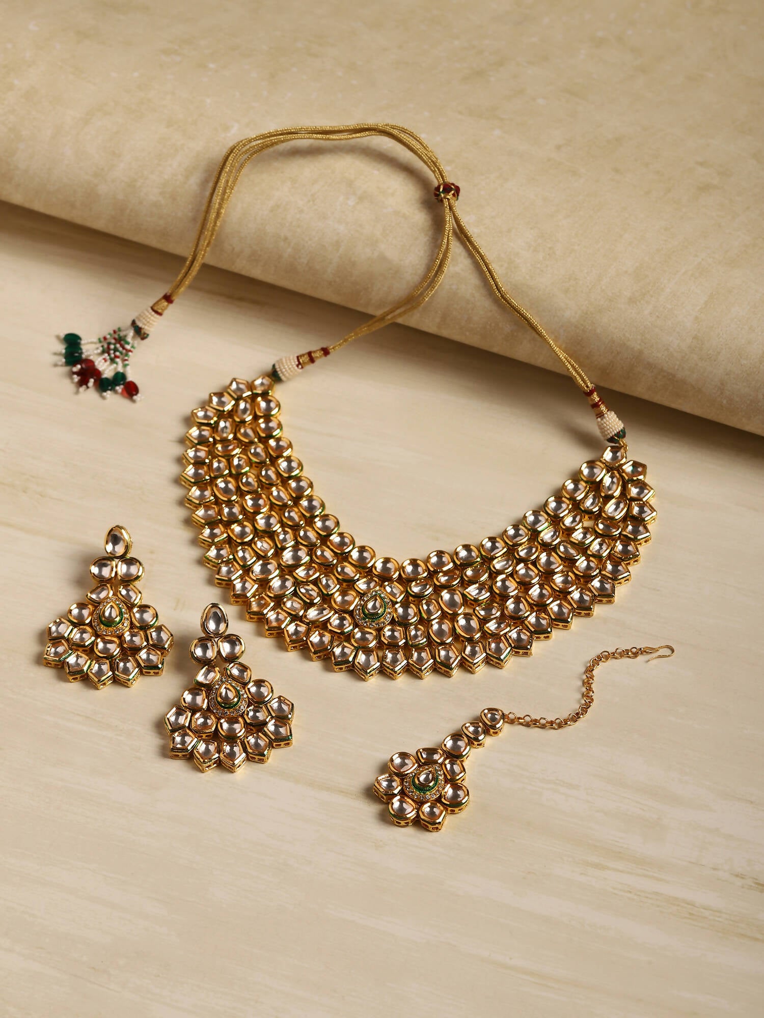 Gold Plated Maharani Kundan Neckpiece With Earrings And Maang Tikka - Ruby Raang - Grab2buy