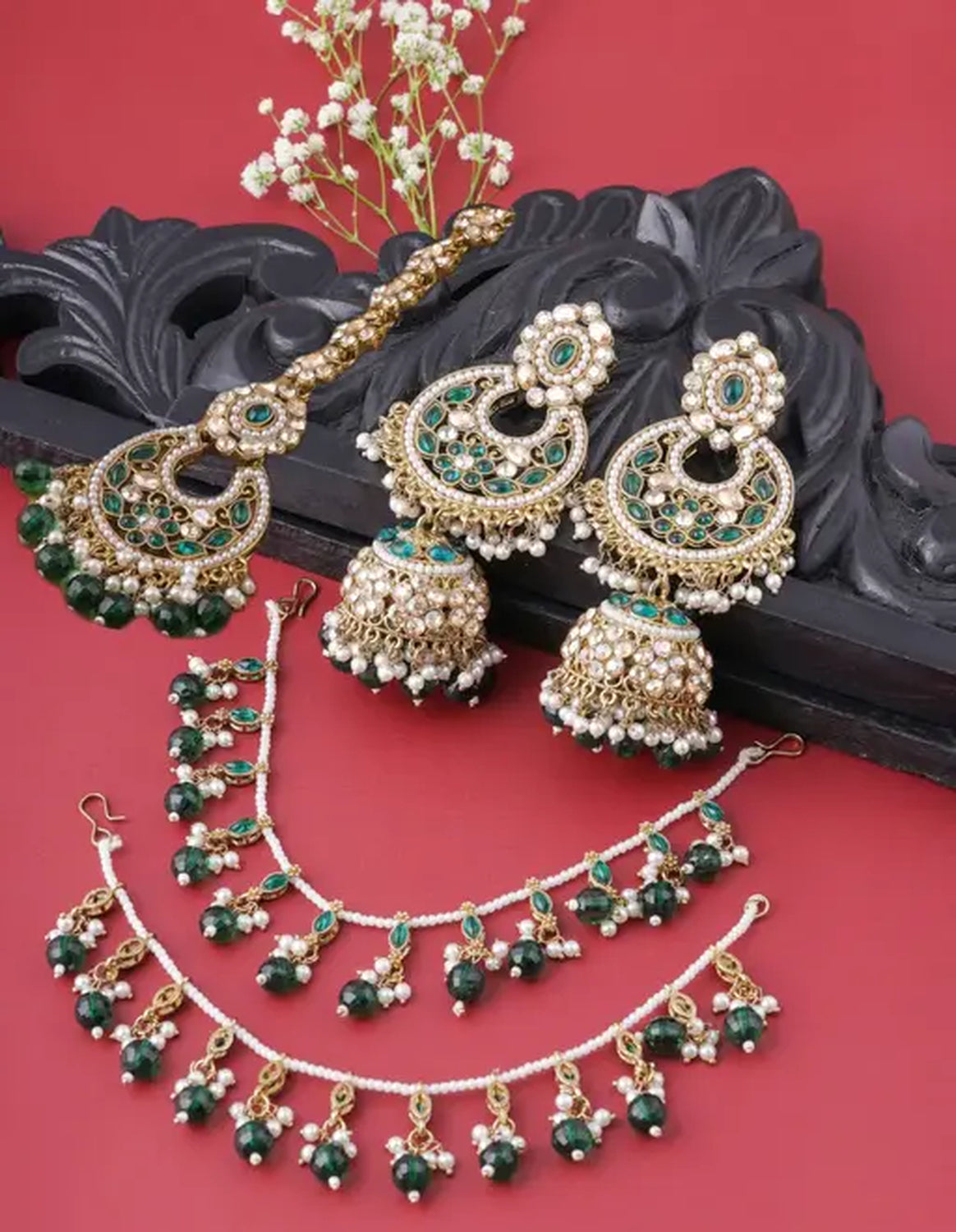 Jewel City Traditional Gold-Plated Green Kundan Chandbali Jhumka Earrings with Hair Chain | Ethnic Bridal Ear Cuff Jewelry | Grab2Buy