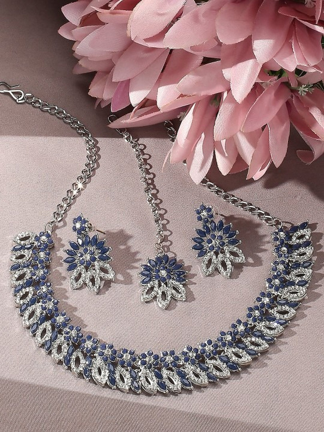 Jewel City Rhodium-Plated Stones Studded Necklace & Earrings With Maang Tika | Grab2Buy