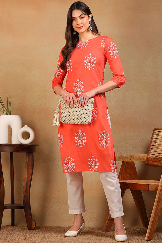 Ahika Festive Wear Cotton Fabric Peach Color Printed Kurti