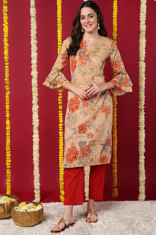 Ahika Chikoo Brown Occasion Wear Cotton Fabric Printed Stylish Kurti