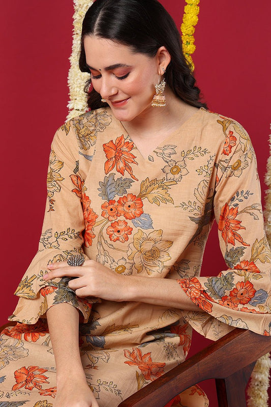 Ahika Chikoo Brown Occasion Wear Cotton Fabric Printed Stylish Kurti