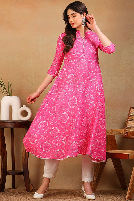 Ahika Pink Cotton Bandhani Flared Kurti