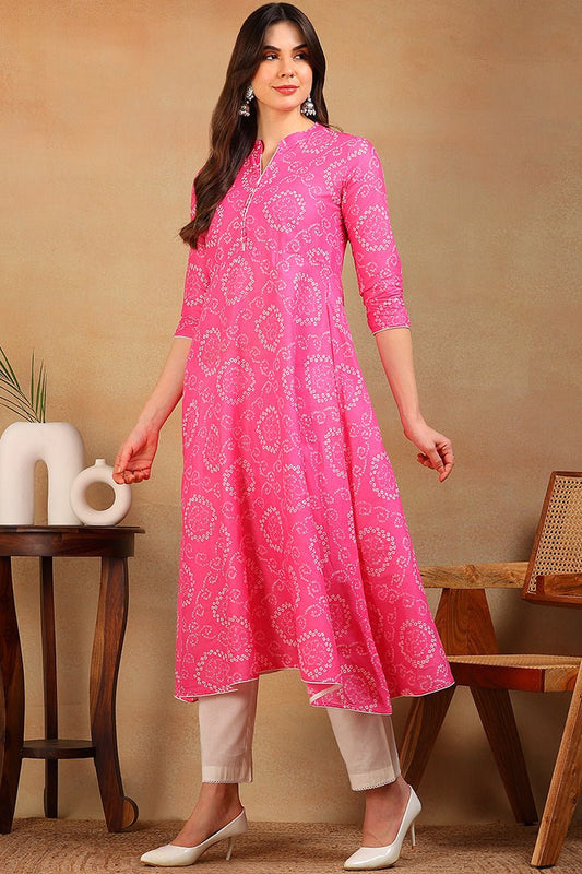 Ahika Pink Cotton Bandhani Flared Kurti