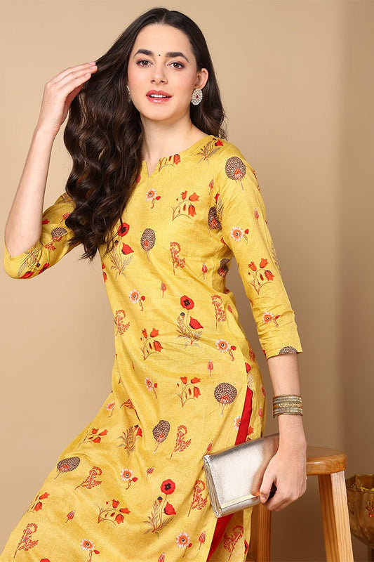 Ahika Mustard Yellow & Red Floral Print Straight Kurta