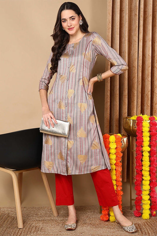 Ahika Grey Cotton Straight Kurta