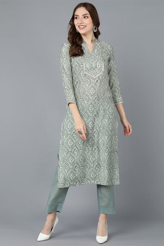 Ahika Women Green Cotton Printed Kurta