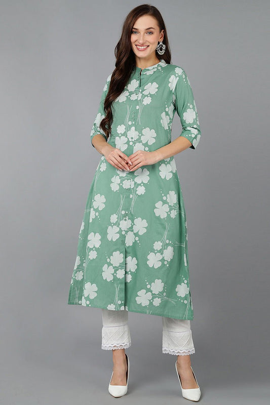 Ahika Green Cotton Floral Printed A-Line Kurta