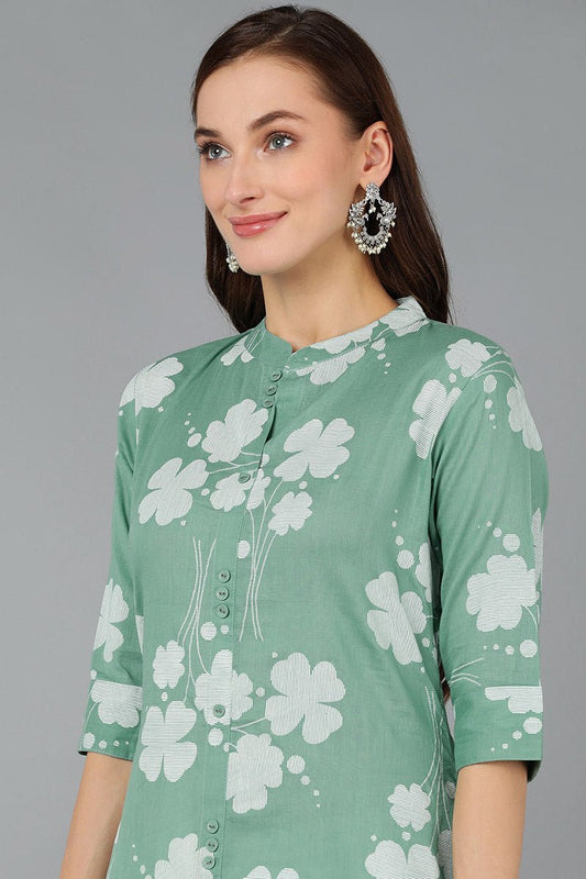 Ahika Green Cotton Floral Printed A-Line Kurta