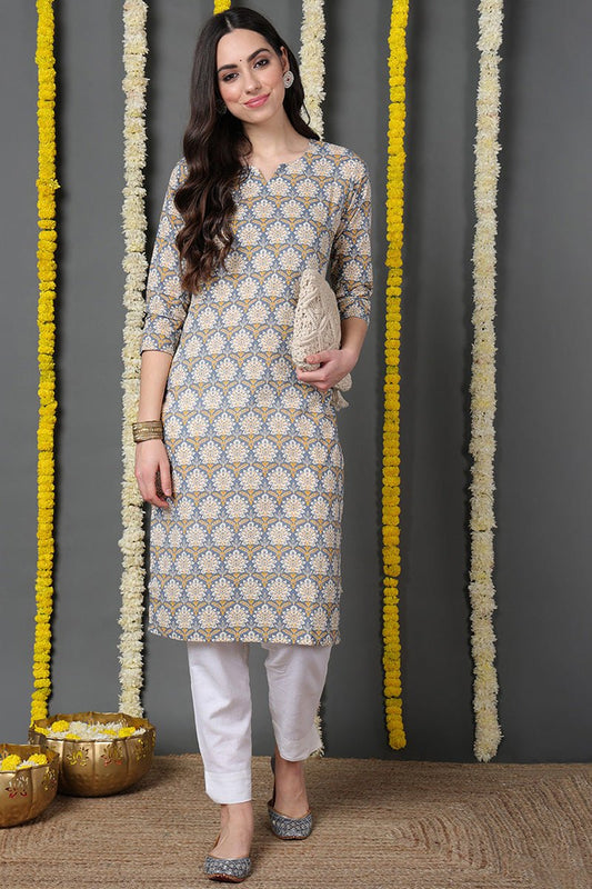 Ahika Blue Cotton Ethnic Motifs Printed Straight Kurta