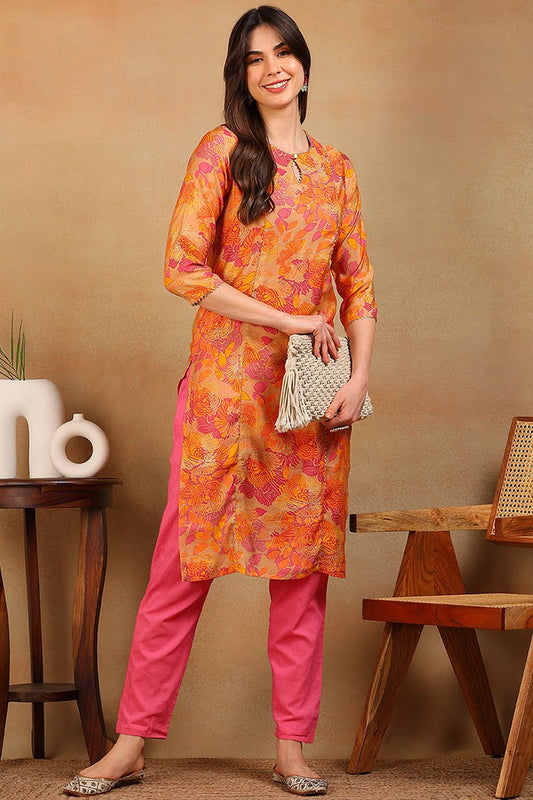Ahika Beige & Orange Poly Silk Straight Kurta