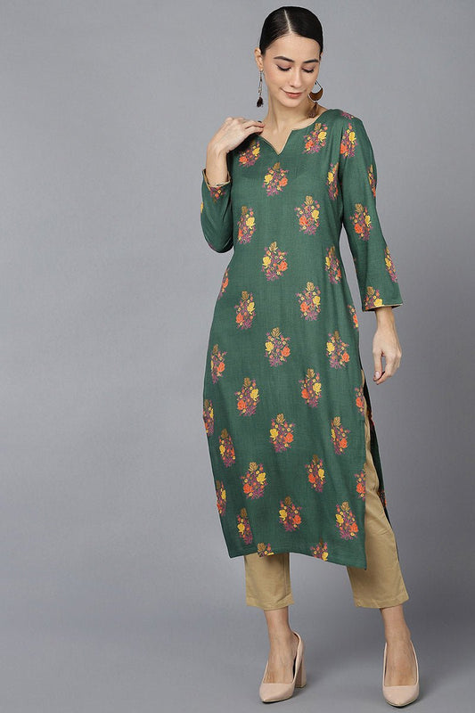 Ahika Green Cotton A-Line Kurta
