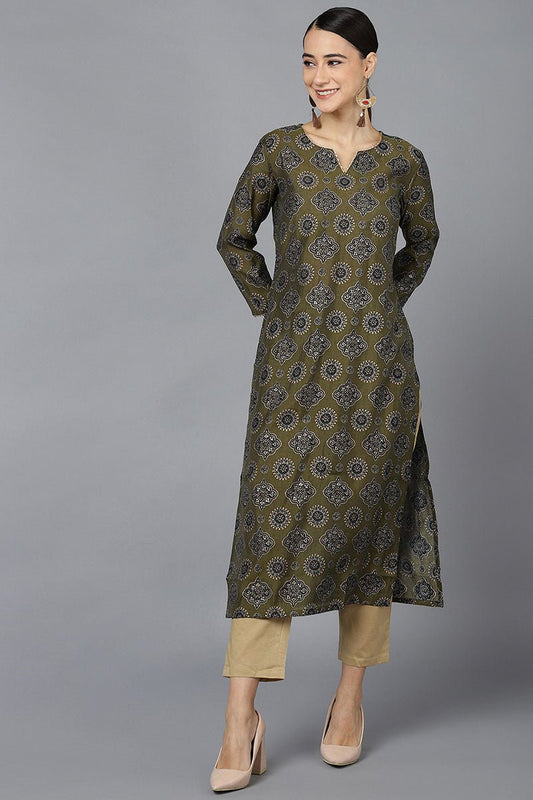 Ahika Olive Poly Silk A-Line Kurta