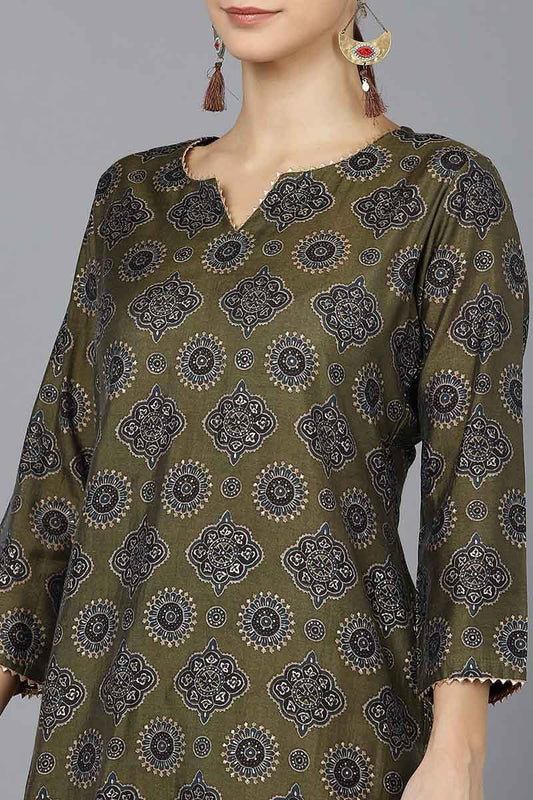 Ahika Olive Poly Silk A-Line Kurta