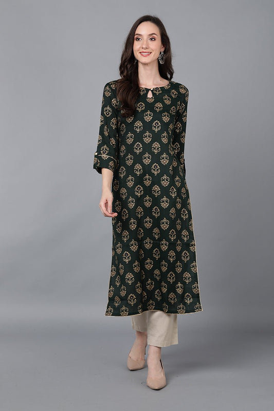 Ahika Green Cotton Ethnic Motifs Straight Kurta