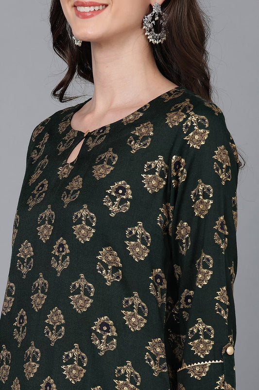 Ahika Green Cotton Ethnic Motifs Straight Kurta